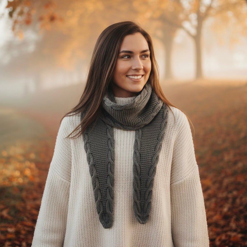 Bølgedans - skjerf med smale fletter - Strikkeredet Design - Strikkeoppskrift