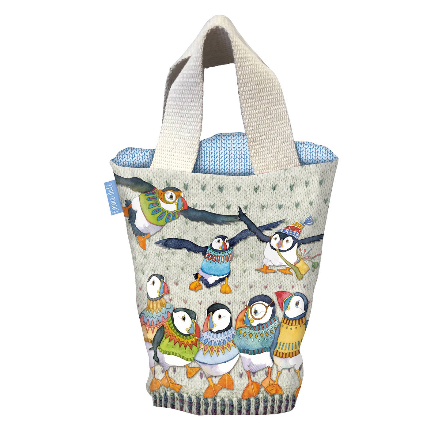 Emma Ball prosjektveske – Woolly puffins - Strikkeredet Design - Prosjektveske