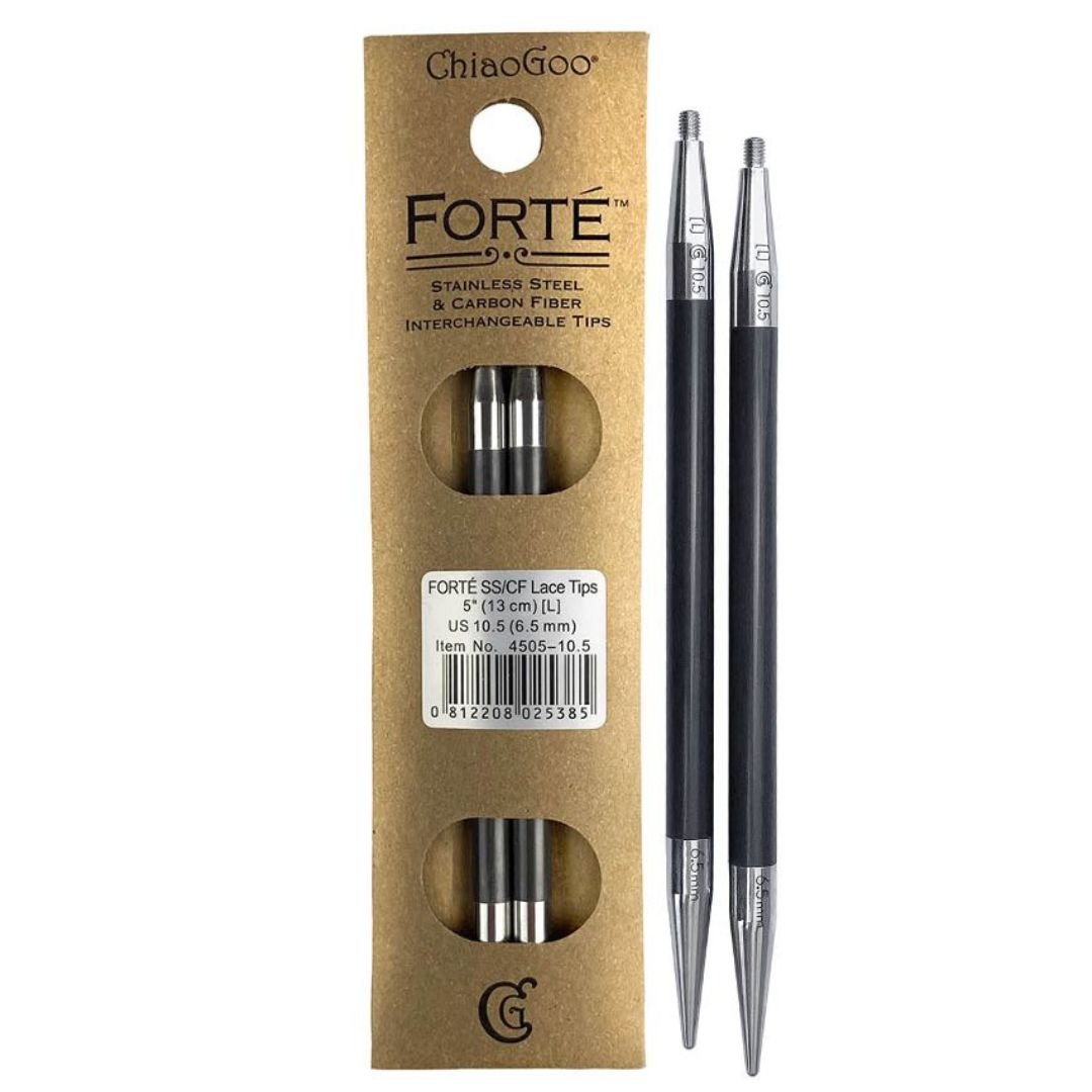 Forté pinnetupper– 13 cm lengde, i rustfritt stål og karbonfiber - Strikkeredet Design - Utskiftbare pinnetupper