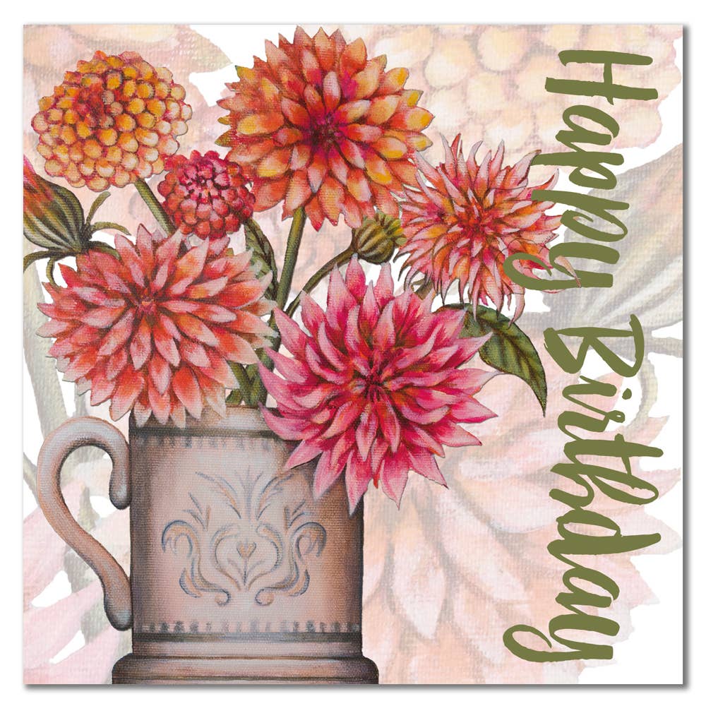 Gratulasjonskort – dahlias birthday – Emma Ball - Strikkeredet Design -