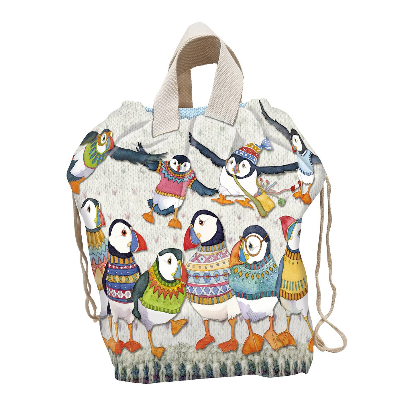 Prosjektveske (large bucket med snøring) – Woolly Puffins – Emma Ball