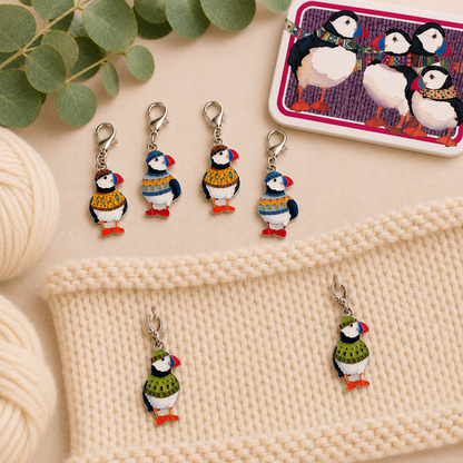 Maskemarkører i boks – karabinkrok – Woolly Puffins (figur) – Emma Ball