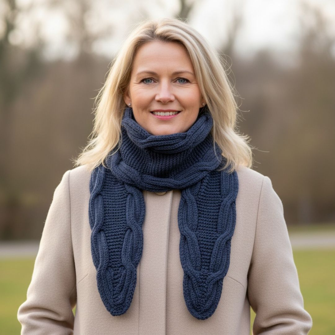 Bølgedans - skjerf med brede fletter - Strikkeredet Design - Strikkeoppskrift