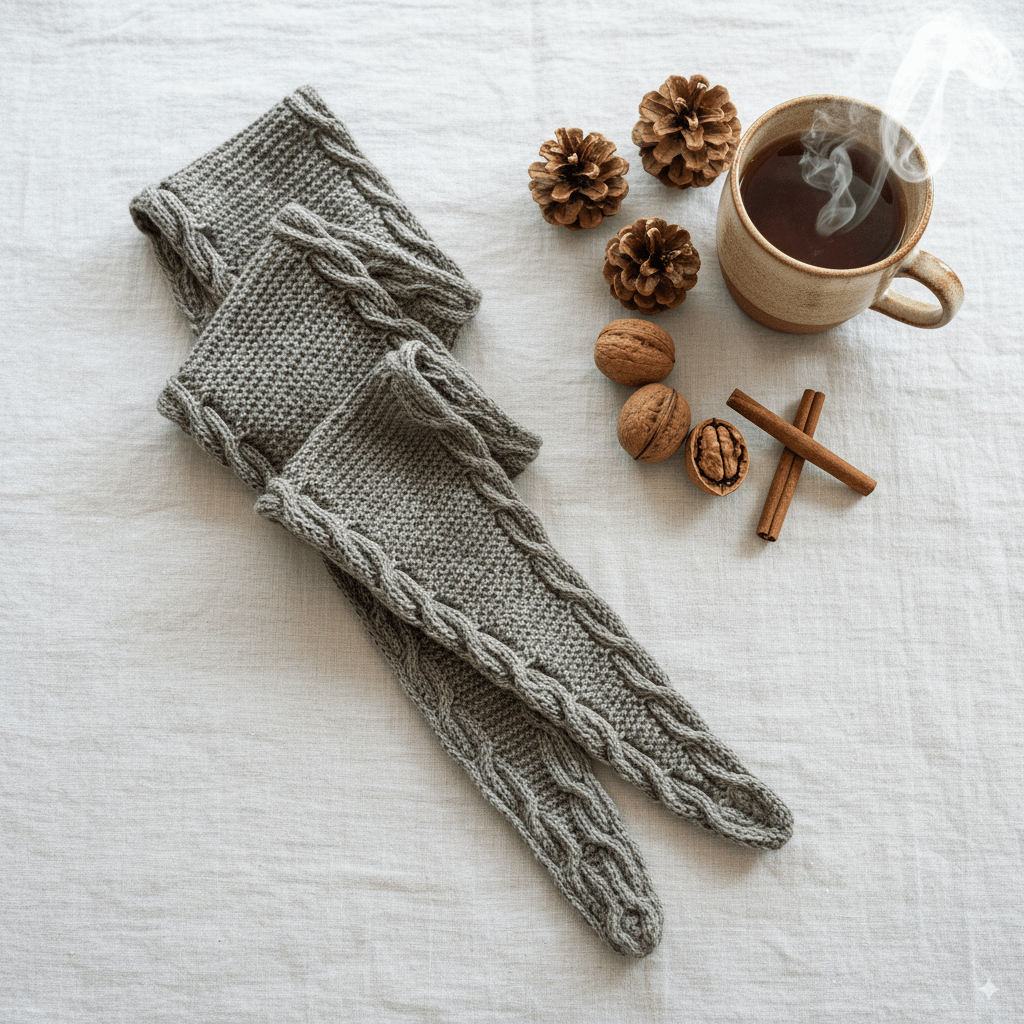 Bølgedans - skjerf med smale fletter - Strikkeredet Design - Strikkeoppskrift