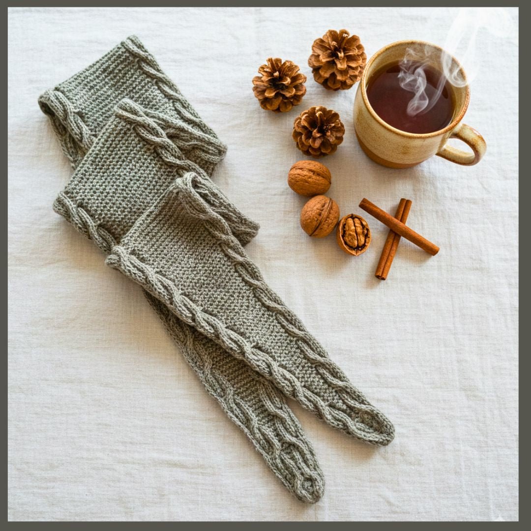 Bølgedans - skjerf med smale fletter - Strikkeredet Design - Strikkeoppskrift