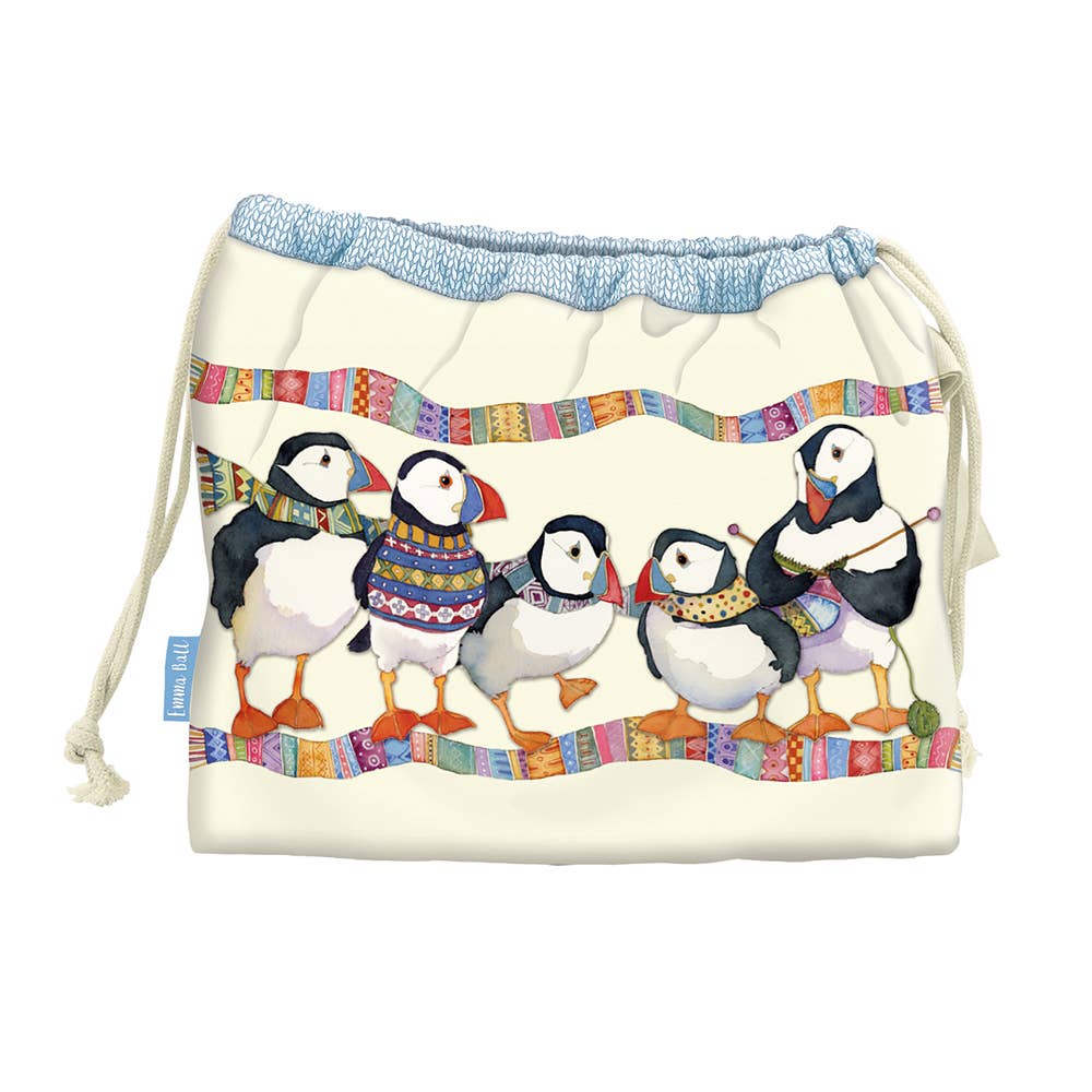 Emma Ball prosjektpose – Knitting puffins - Strikkeredet Design - Prosjektveske