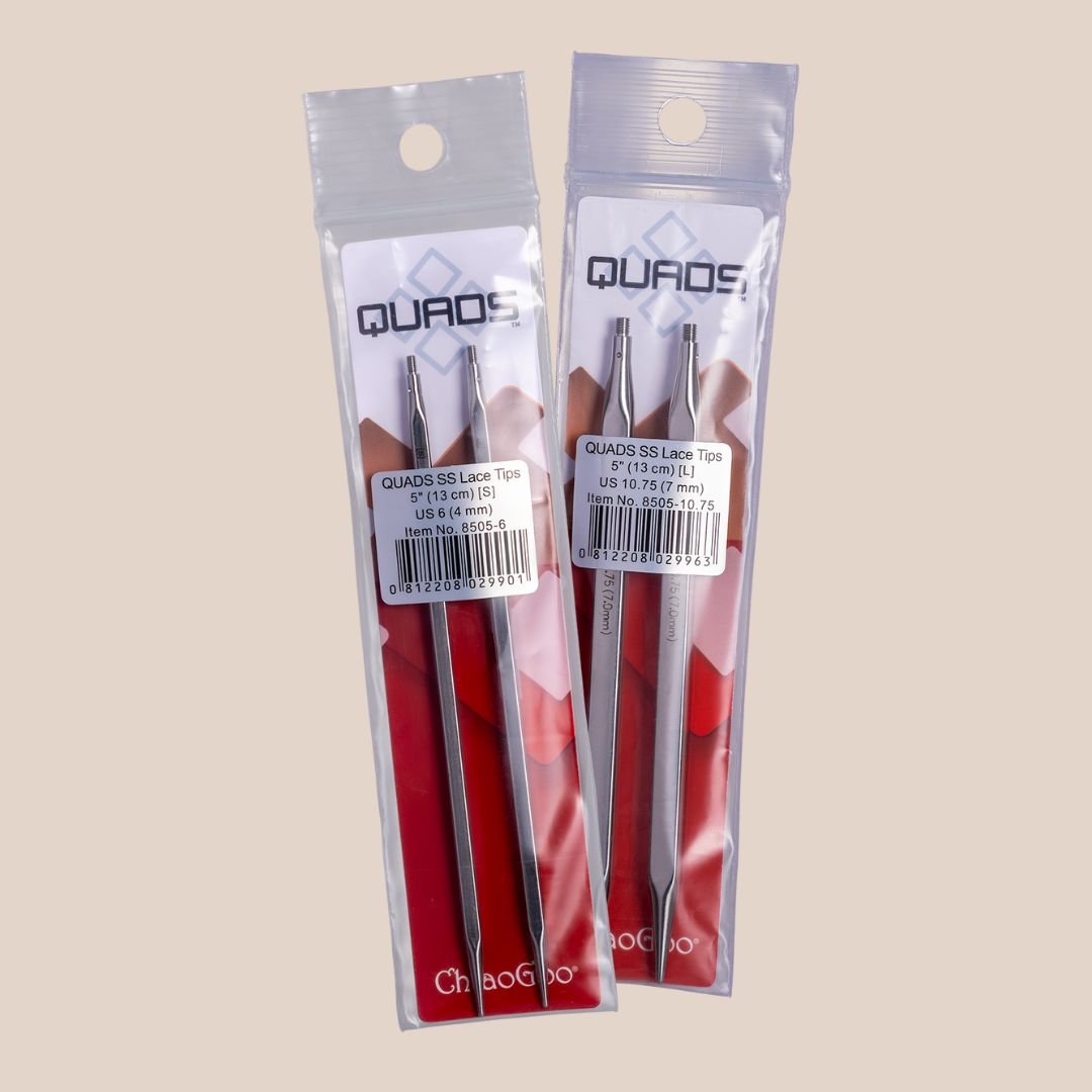 Firkantpinnetupper (Quads) fra ChiaoGoo – 10 og 13 cm, 3,25–8 mm - Strikkeredet Design - Utskiftbare pinnetupper