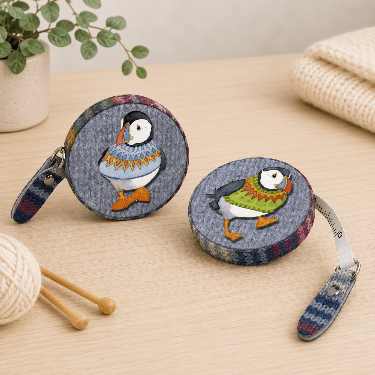 Målebånd – woolly puffins – Emma Ball - Strikkeredet Design -