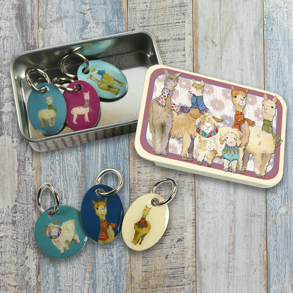 Maskemarkører i metallboks (6 stk) – Alpacas & Friends – Emma Ball - Strikkeredet Design - Annet strikketilbehør
