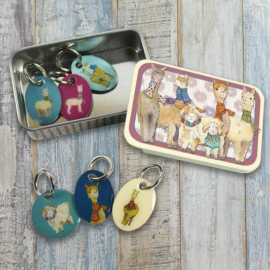 Maskemarkører i metallboks (6 stk) – Alpacas & Friends – Emma Ball - Strikkeredet Design - Annet strikketilbehør