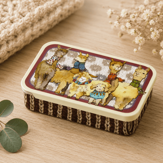 Metallboks liten – Alpacas & Friends II – Emma Ball - Strikkeredet Design -