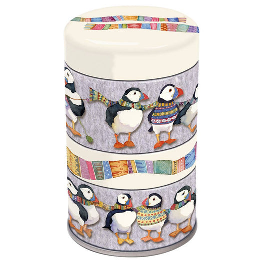 Metallbokser 3 - i - 1 – woolly puffins – Emma Ball - Strikkeredet Design - 