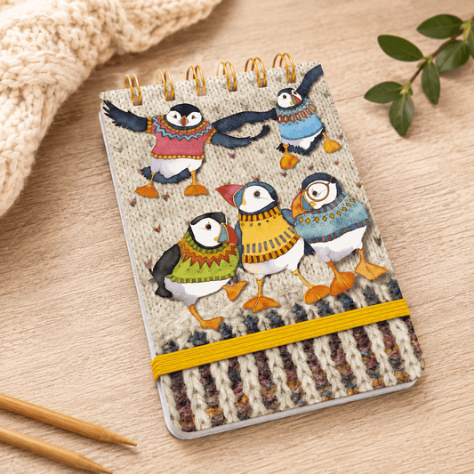 Notatblokk – Woolly Puffins (mini spiral) – Emma Ball - Strikkeredet Design -