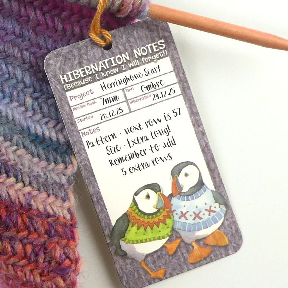 Prosjektlapper (12 stk) – Woolly Puffins Hibernation – Emma Ball - Strikkeredet Design - Annet strikketilbehør