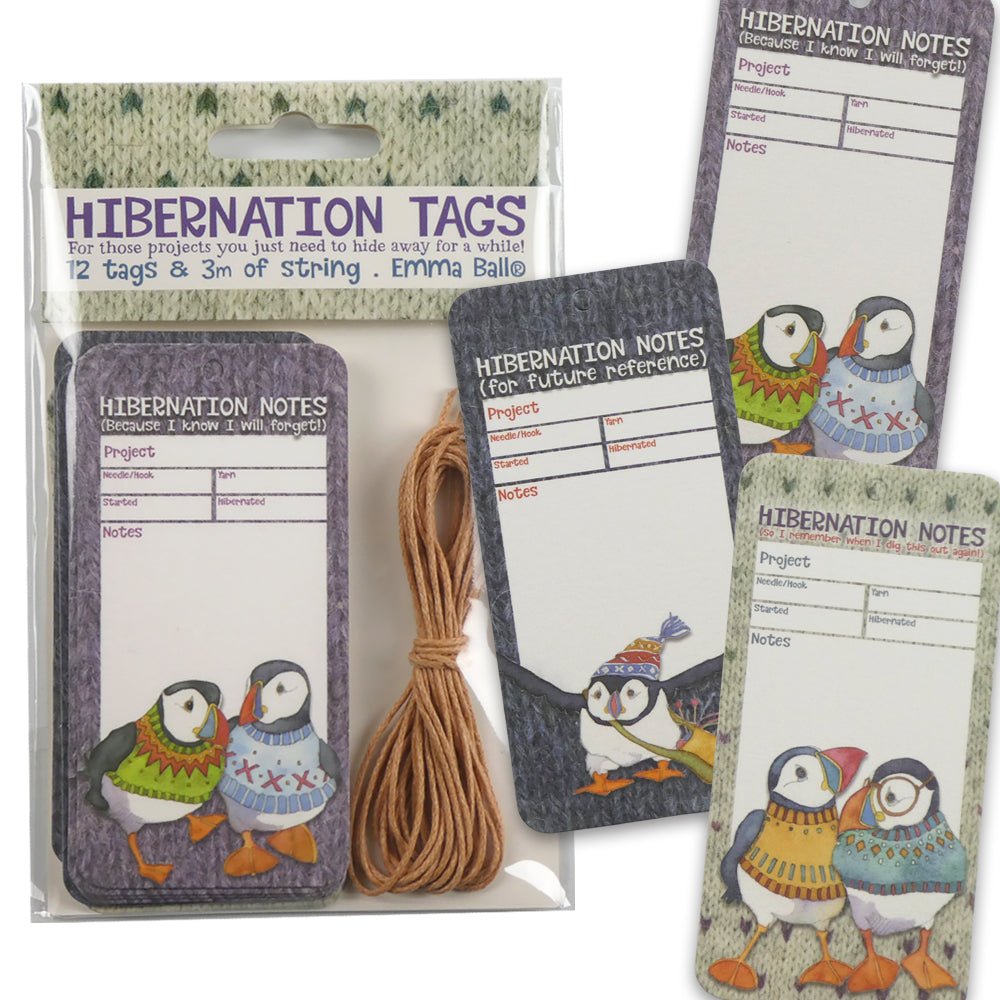Prosjektlapper (12 stk) – Woolly Puffins Hibernation – Emma Ball - Strikkeredet Design - Annet strikketilbehør