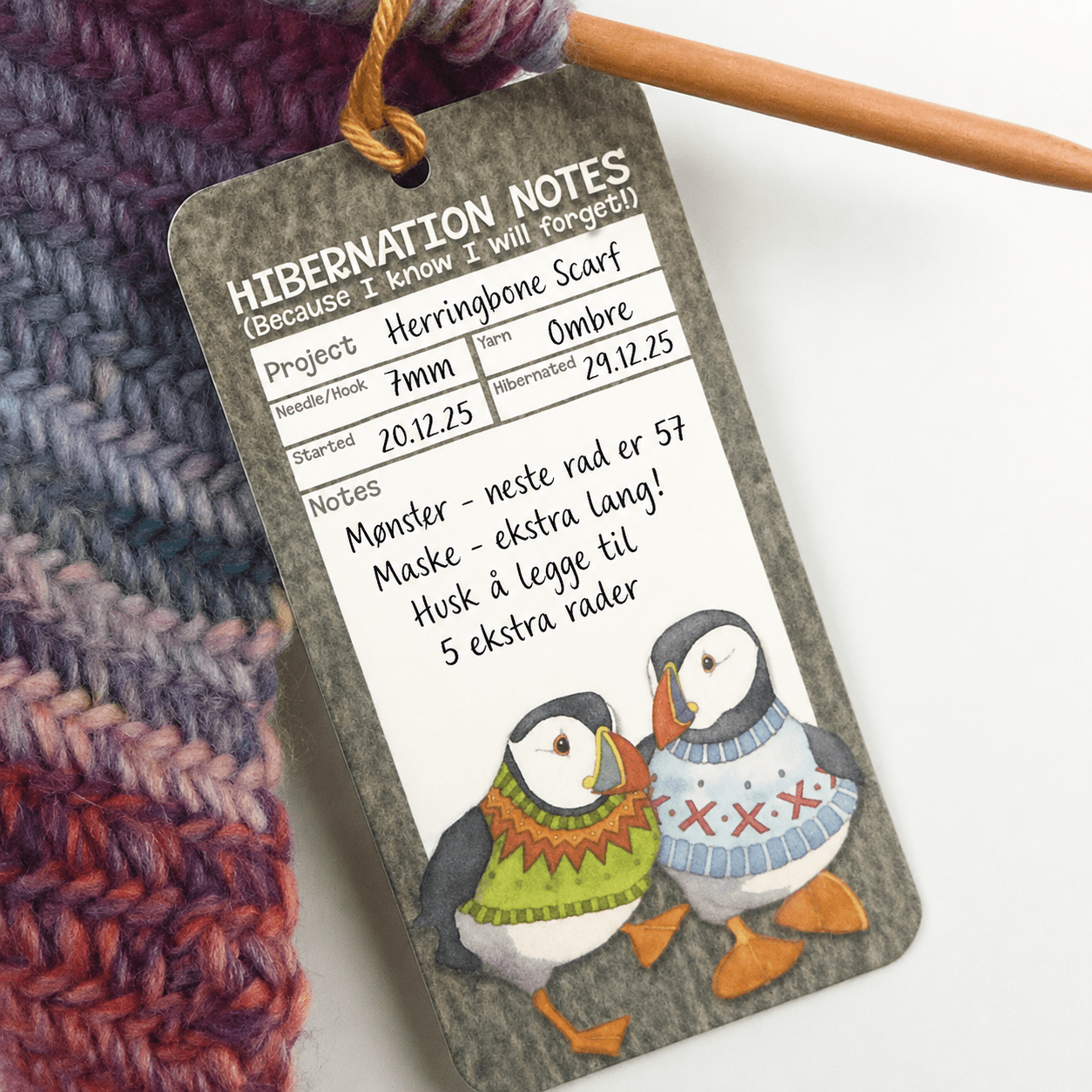 Prosjektlapper (12 stk) – Woolly Puffins Hibernation – Emma Ball - Strikkeredet Design - Annet strikketilbehør