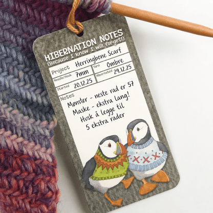Prosjektlapper (12 stk) – Woolly Puffins Hibernation – Emma Ball - Strikkeredet Design - Annet strikketilbehør