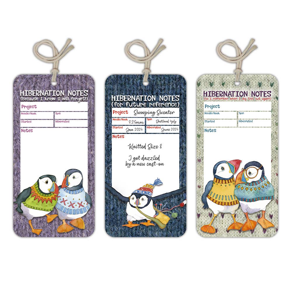 Prosjektlapper (12 stk) – Woolly Puffins Hibernation – Emma Ball - Strikkeredet Design - Annet strikketilbehør