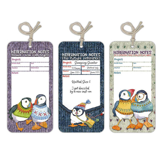 Prosjektlapper (12 stk) – Woolly Puffins Hibernation – Emma Ball - Strikkeredet Design - Annet strikketilbehør