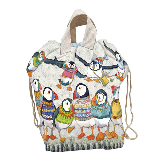 Prosjektveske (large bucket med snøring) – Woolly Puffins – Emma Ball - Strikkeredet Design - 