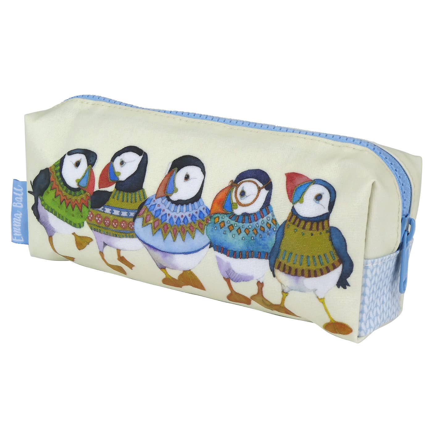 Tilbehørsveske/pennal – woolly puffins – Emma Ball - Strikkeredet Design - 
